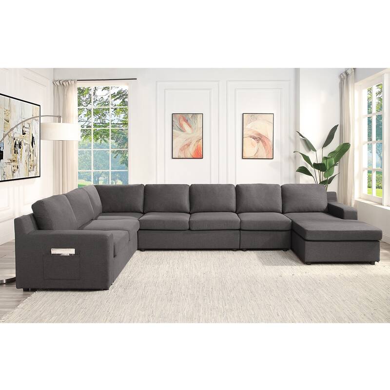 Linen 7-Seater U-Shape Sectional Sofa Chaise with Pocket in Gray