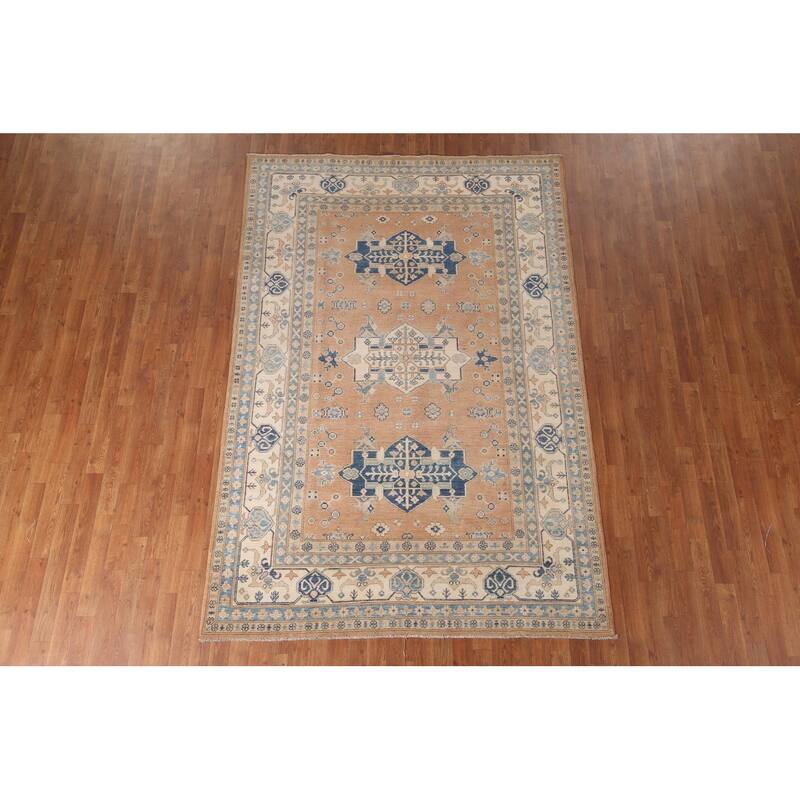 Geometric Kazak Area Rug Hand-Knotted Bedroom Wool Carpet - 5'11" x 8'9"