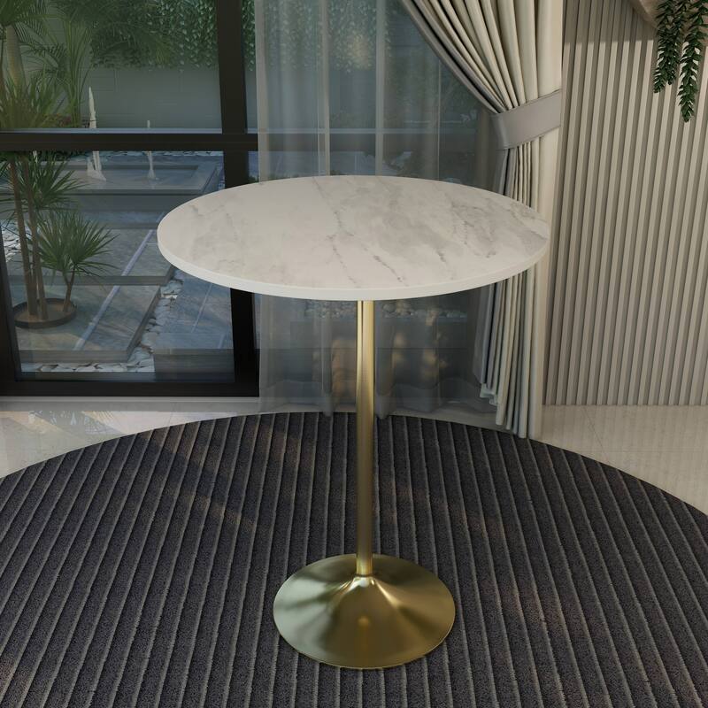 LeisureMod Verve Round Bar Dining Table with White Resin TableTop and Gold Steel Base for Kitchen & Dining Room