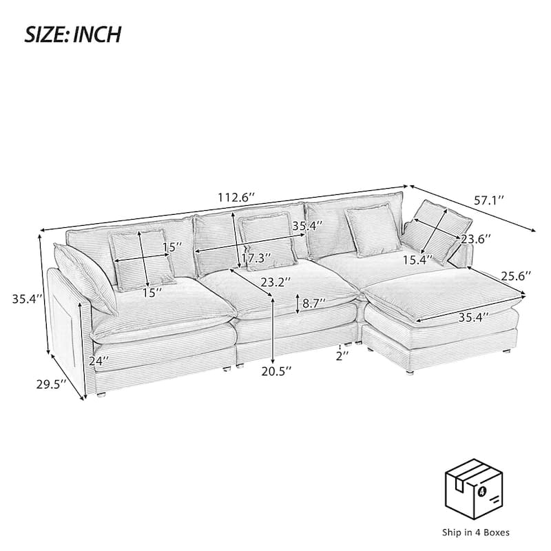 112.6" Spacious Corduroy Sectional Sofa,Modular Design,Hidden Storage