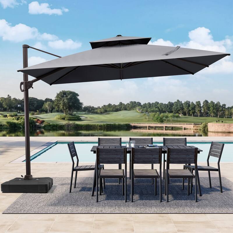11 x 11 ft Outdoor Double Top Square 360 Degree Rotation Patio Cantilever Offset Umbrella with Base