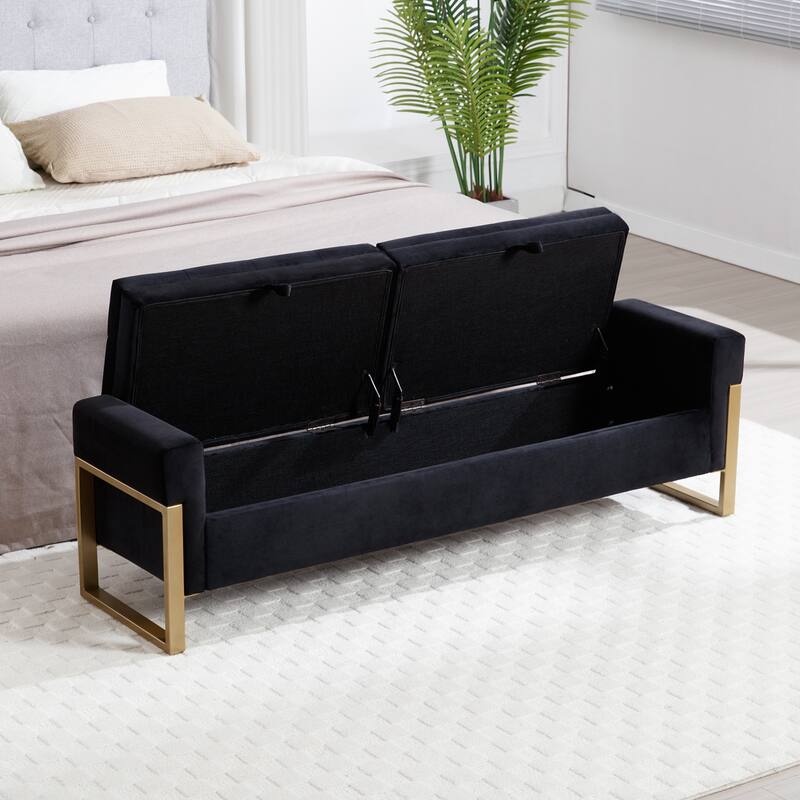 66" Storage Bench King Size End of Bed with Double Lids and Gold Legs