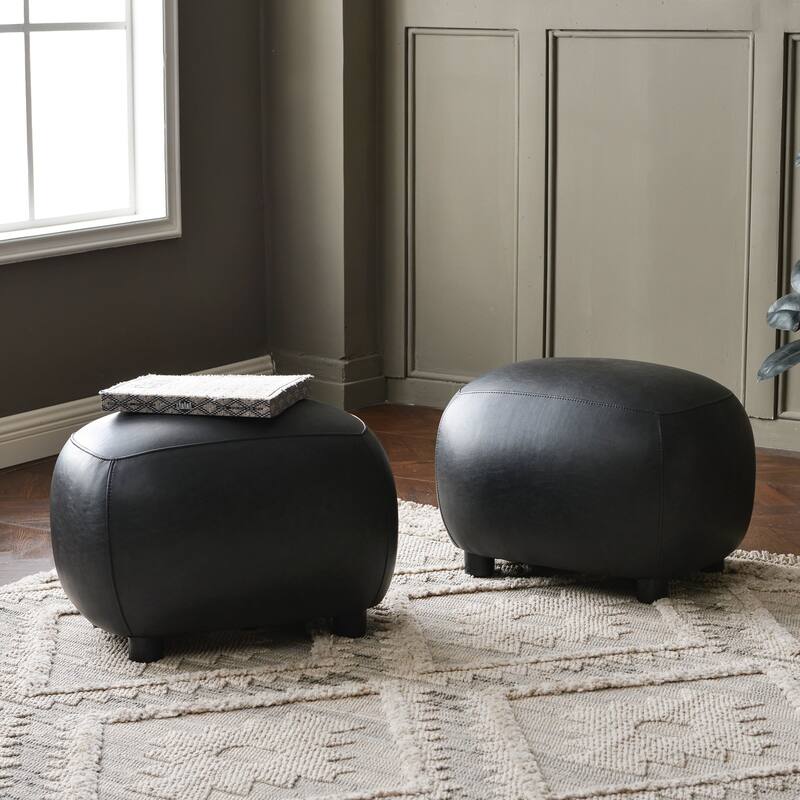 KINWELL 23" Wide Faux Leather Upholstered Ottoman Footrest, PU Entryway Footstool - Set of 2 - Black