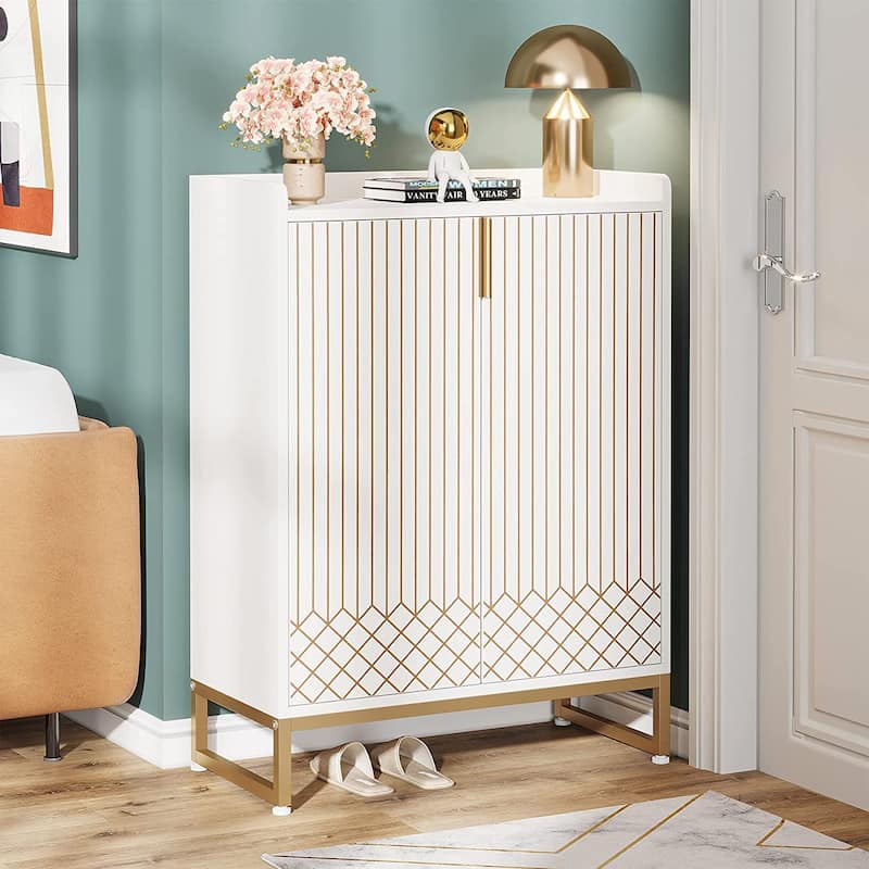 25 Pairs Shoe Cabinet with Doors, White 5-Tier Wood Shoes Organizer