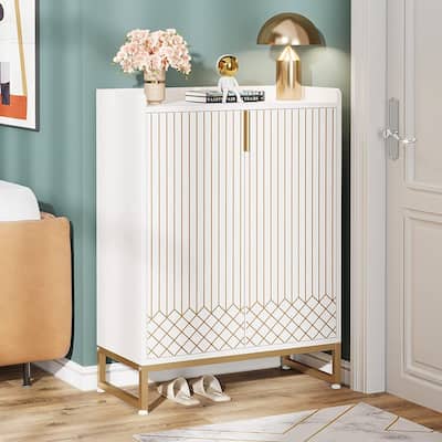 25 Pairs Shoe Cabinet with Doors, White 5-Tier Wood Shoes Organizer