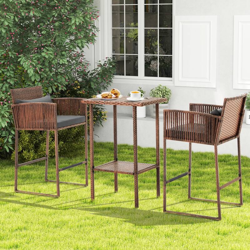 AVAWING 3PCS Patio Wicker Bar Set with Extra Cushion Cover