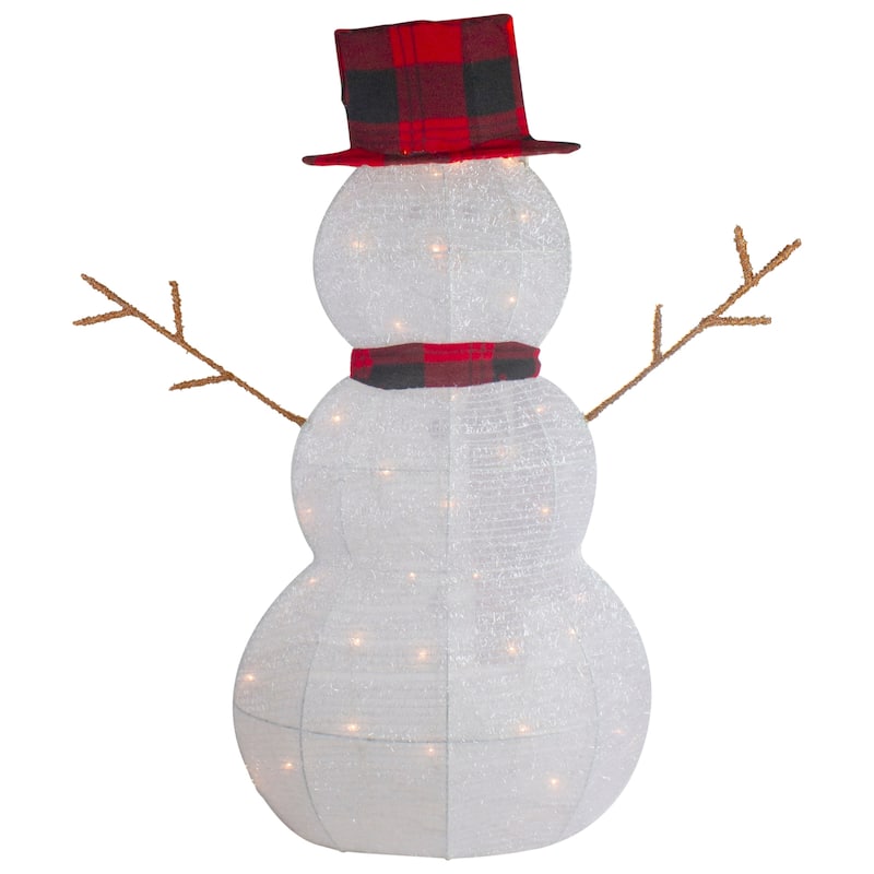 Lighted Tinsel Snowmen Family Christmas Yard Decorations - Clear Lights - Set of 2 - White