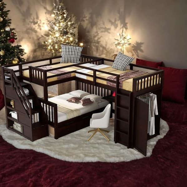 slide 2 of 27, L-Shaped Triple Bunk Bed With 3 Drawers, Desk and Wardrobe, Espresso Espresso
