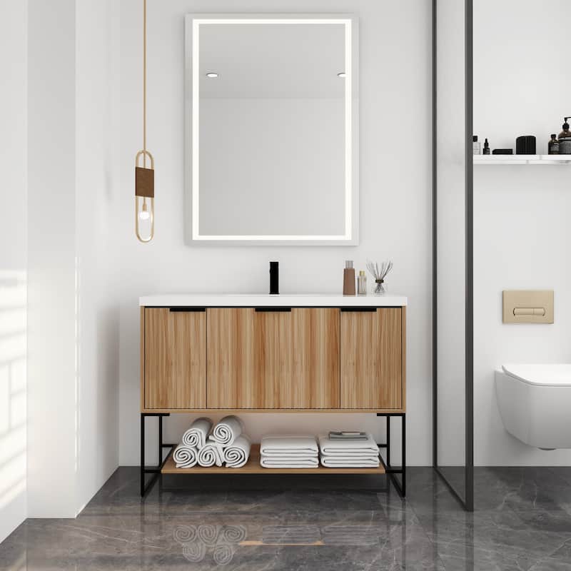 48 inch Maple Plywood Freestanding Bathroom Vanity Set with Open shelf and Integrated Resin Sink - 48 inch - Textured - Maple