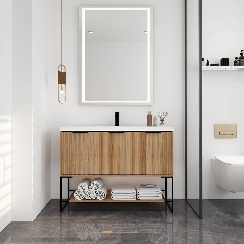 48 inch Maple Plywood Freestanding Bathroom Vanity Set with Open shelf and Integrated Resin Sink