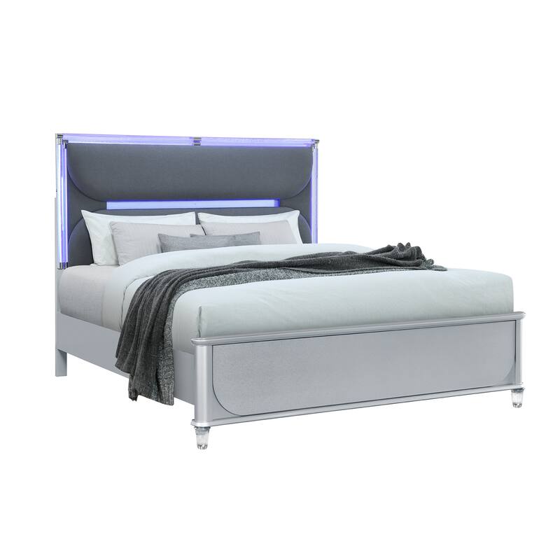 HomeRoots Silver and Gray Wood And Upholstery Lighted King Bed Frame