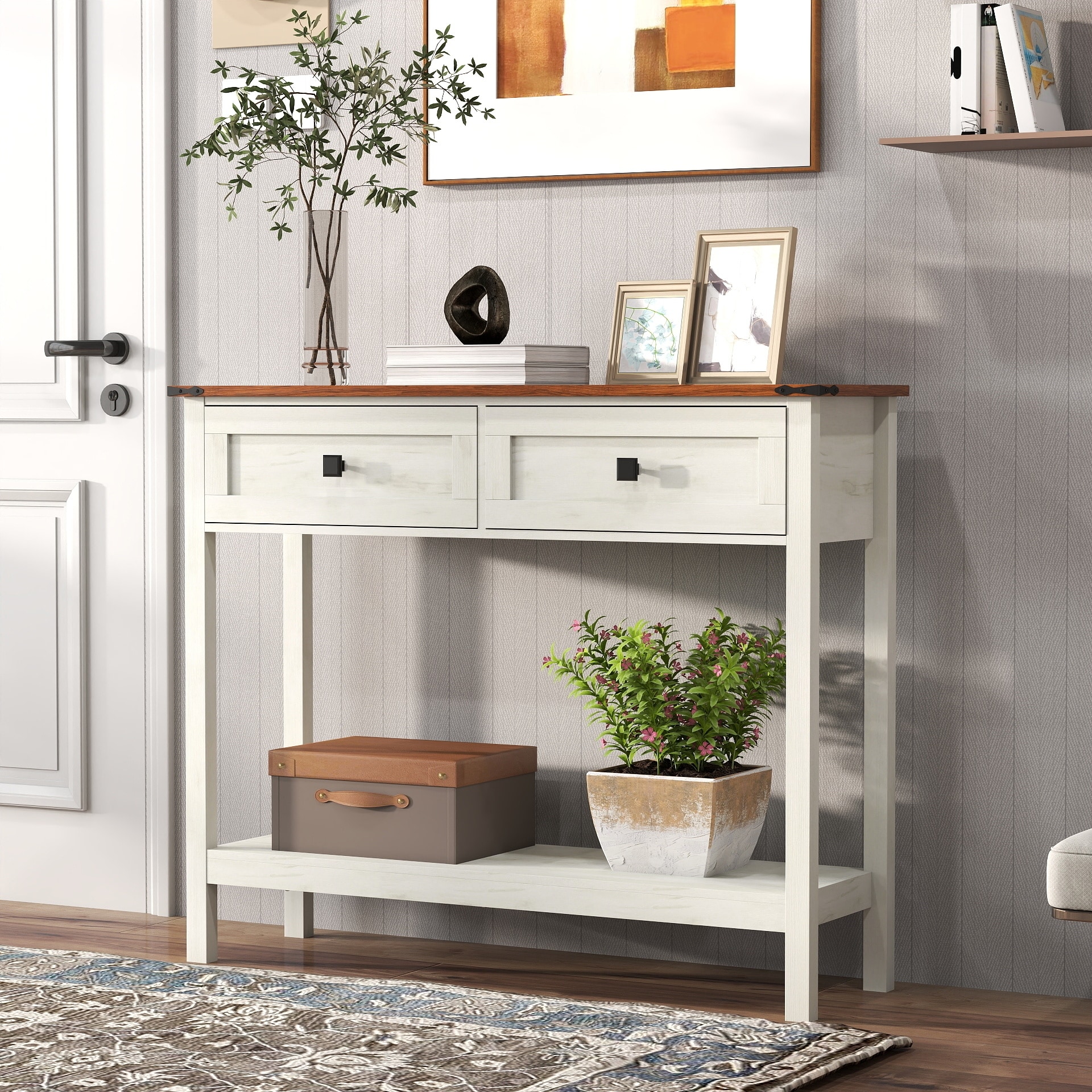 Farmhouse Style Console Table With Two Drawers And Bottom Storage Shelf