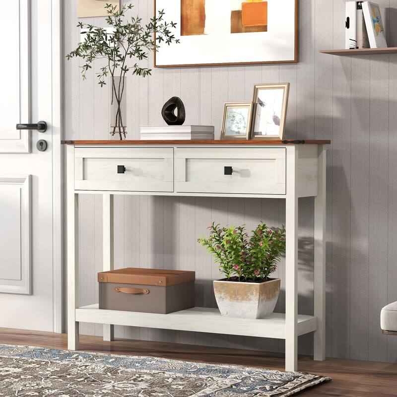 Homy Casa Farmhouse Console Table with 2 Drawers & Bottom Shelf