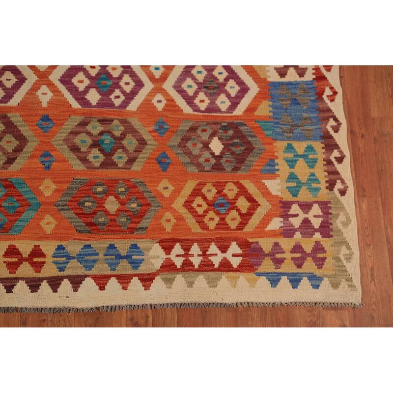 Orange Kilim Reversible Area Rug Hand-Woven Tribal Wool Carpet - 8'4"x 11'2"