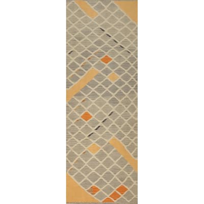 Hand Woven Oriental 100% Wool Carpet Southwestern Modern Greys & Charcoal Kilim Runner Rug - 9' 5'' X 2' 8''