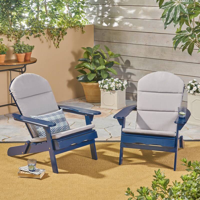 Malibu Outdoor Acacia Wood Folding Adirondack Chairs with Cushions (Set of 2) by Christopher Knight Home - grey cushion+navy blue