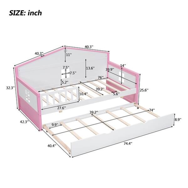 dimension image slide 0 of 4, Charming House-shaped Design Wooden Daybed with Fence, Trundle and Smart Sensor Lights, Twin size
