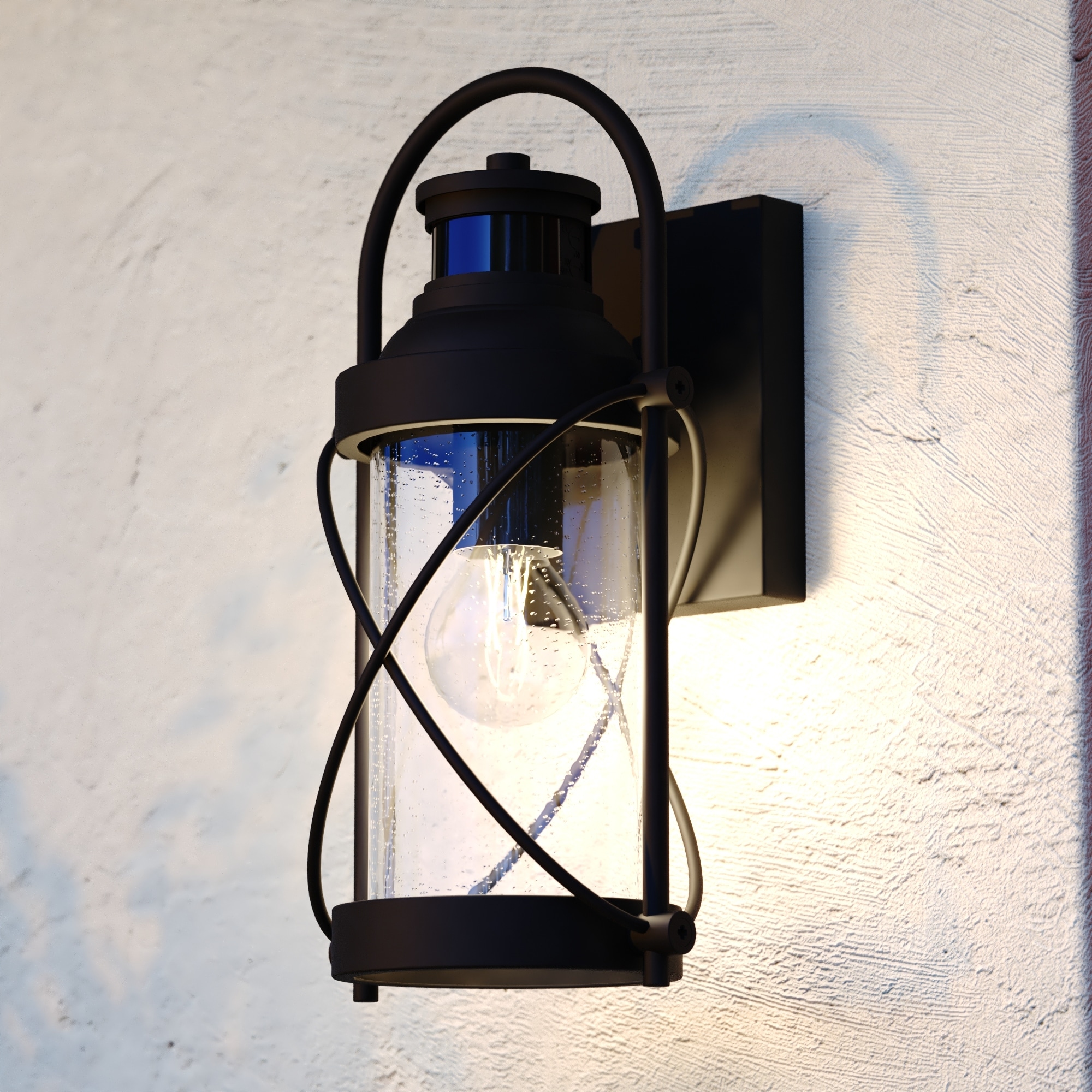 VAXCEL Westfield 13.5 in. H Black Motion Sensing Dusk to Dawn Outdoor Wall Sconce Light with Clear Seeded Glass Shade