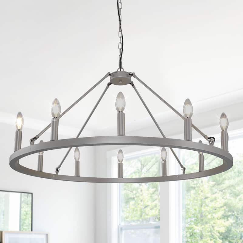 Black Wagon Wheel Chandelier 38 inch, 12-Light Black Round Industrial Farmhouse Chandeliers - Silver