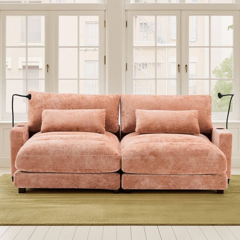 Chaise Lounge Chair Upholstered Modular Sofa with Cup & Phone Holders - Pink