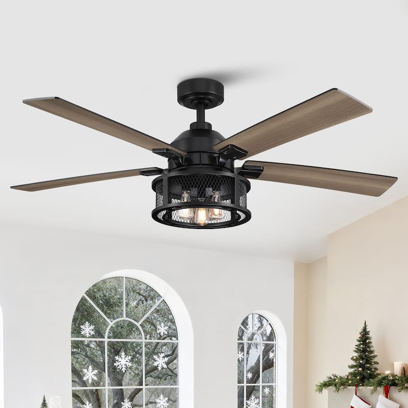 52" Industrial Reversible Wood 5-Blade Black Ceiling Fan with Light and Remote