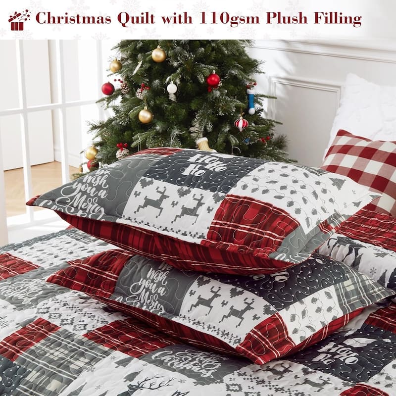 Christmas Plaid Quilts Coverlet Bed Set with Pillow Shams, Bedding Set