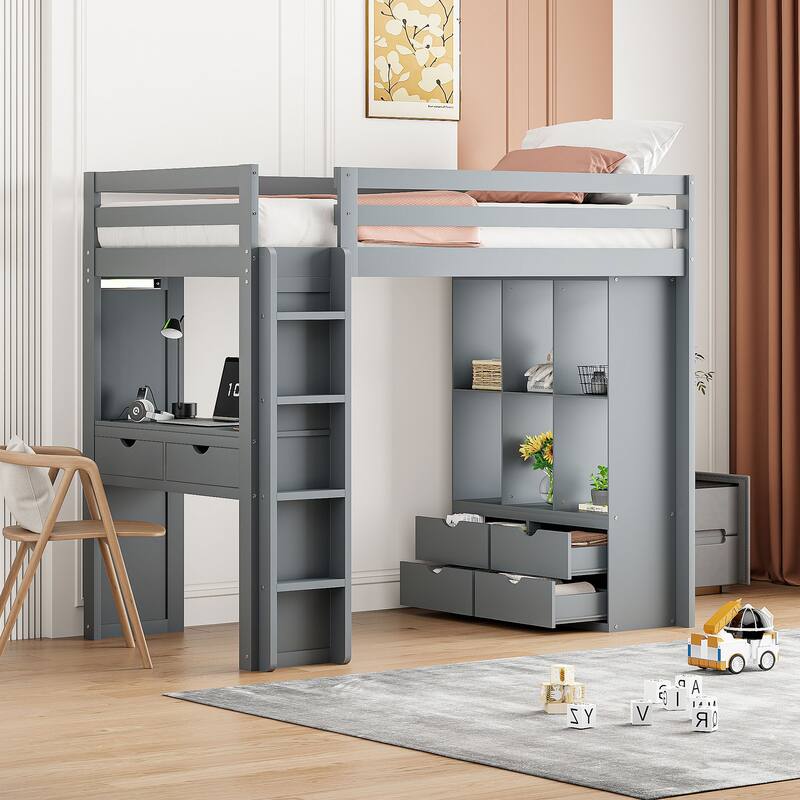 Wooden Loft Bed with Multi-Storage Desk, LED Light & Large Shelves - Grey - Twin