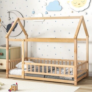 Twin/Full House Beds Wood Bed Frame, Kids Floor Platform Bed with Pine Wood Roof and Fence, Cabin Bed for Children Kids