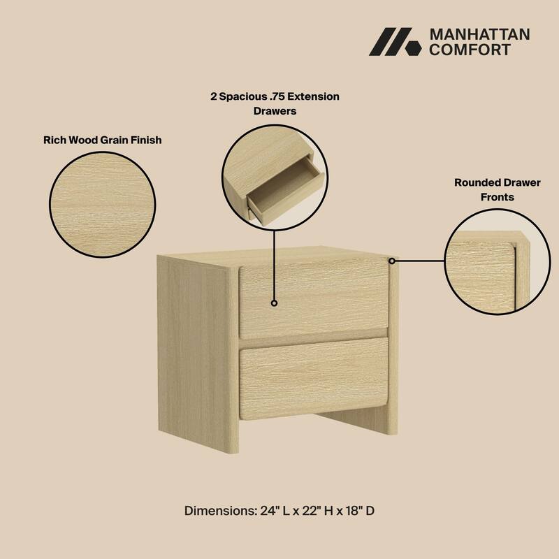 Modern Nightstand with 2 Drawers Wood Grain Texture Minimalist Design