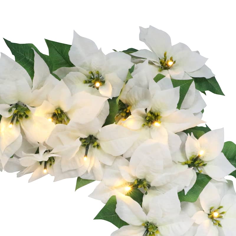 Puleo International 6' x 12" Pre-Lit Battery-Operated Artificial White Poinsettia Garland