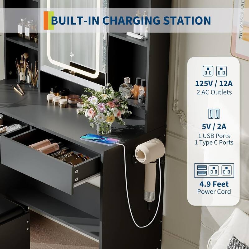 Vanity Desk with Mirror and Lights, USB Outlets for Bedroom