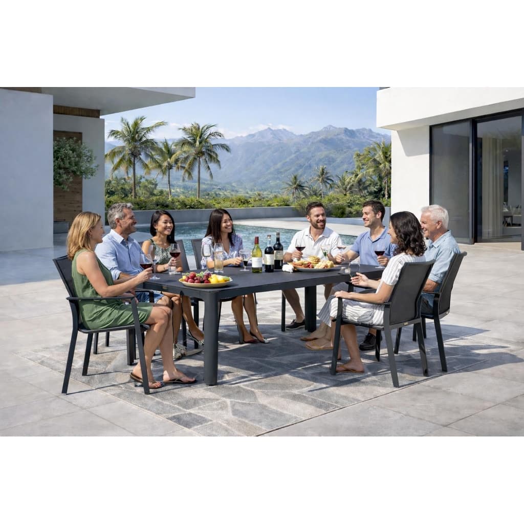 Alva Dark Grey 9-Piece Aluminum Outdoor Dining Set with Sling Set in Pewter - N/A