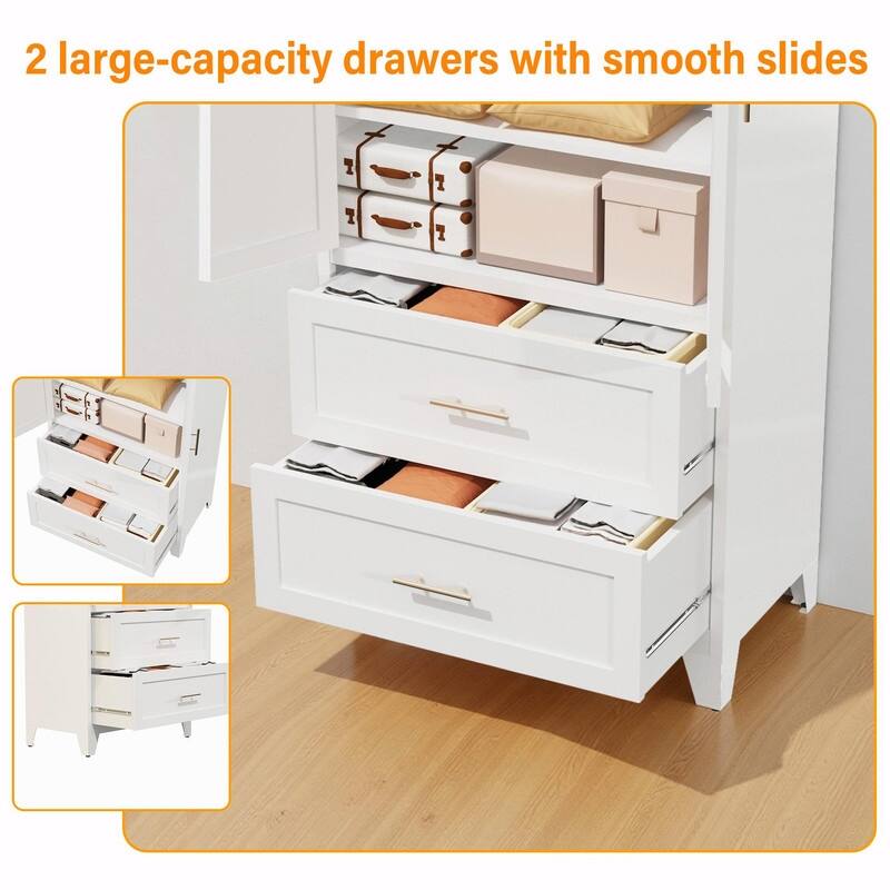 71" Tall Metal Wardrobe Cabinet with 2 Drawers, Hanging Rod, and 2 Doors, Wardrobe Closet with Shelf