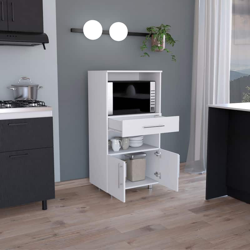 Kitchen Pantry 48" H, Two Open Storage Shelves, One for Microwave, Two Doors, Four Legs, White