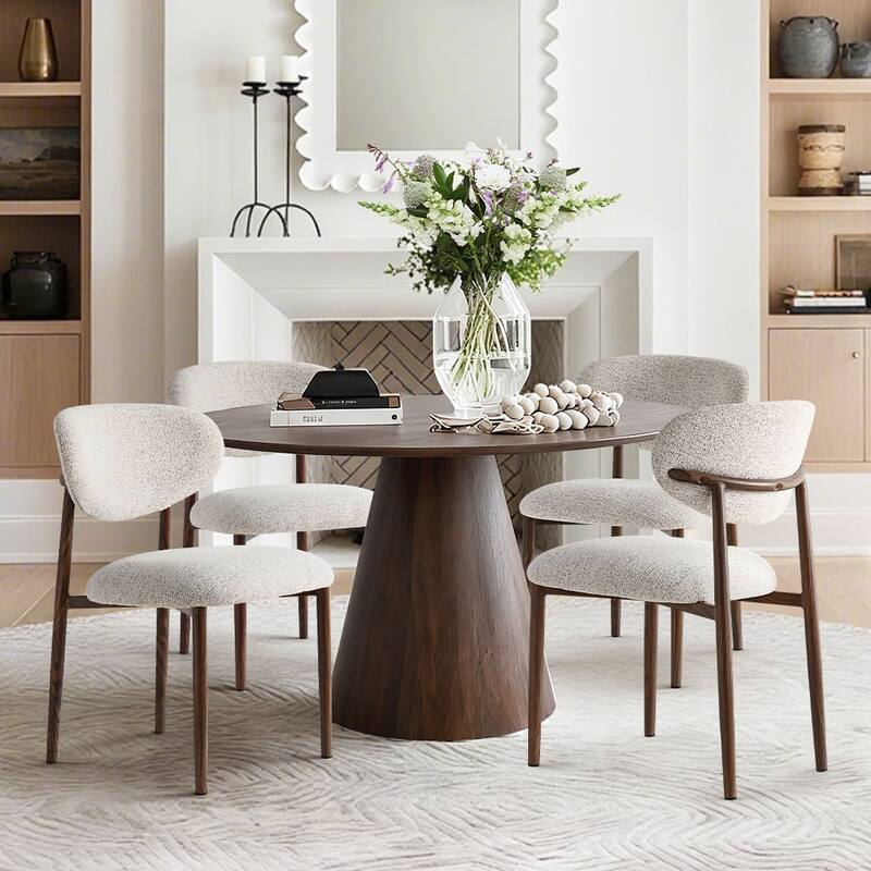 Set of 4 Mid‑Century Upholstered Dining Chairs with Wood‑Grain Metal Legs - Beige