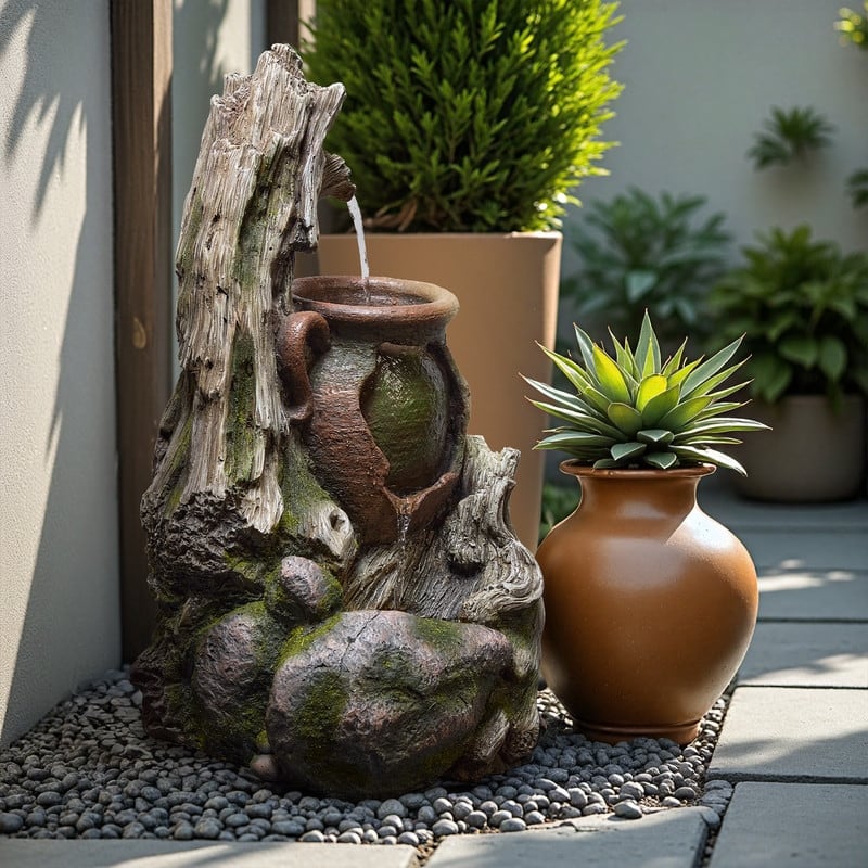 Vbal Outdoor Fountain with LED Lights Faux Wood Tree Trunk Design