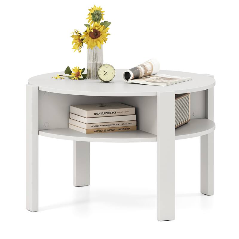Gymax 29.5'' 2-Tier Round Coffee Table w/ Storage 4 Shelves Faux - White