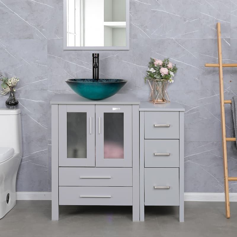 36" Bathroom Vanity Sink Gray Set with Side Cabinet Vessel Sink Faucet Combo - turquoise square sink