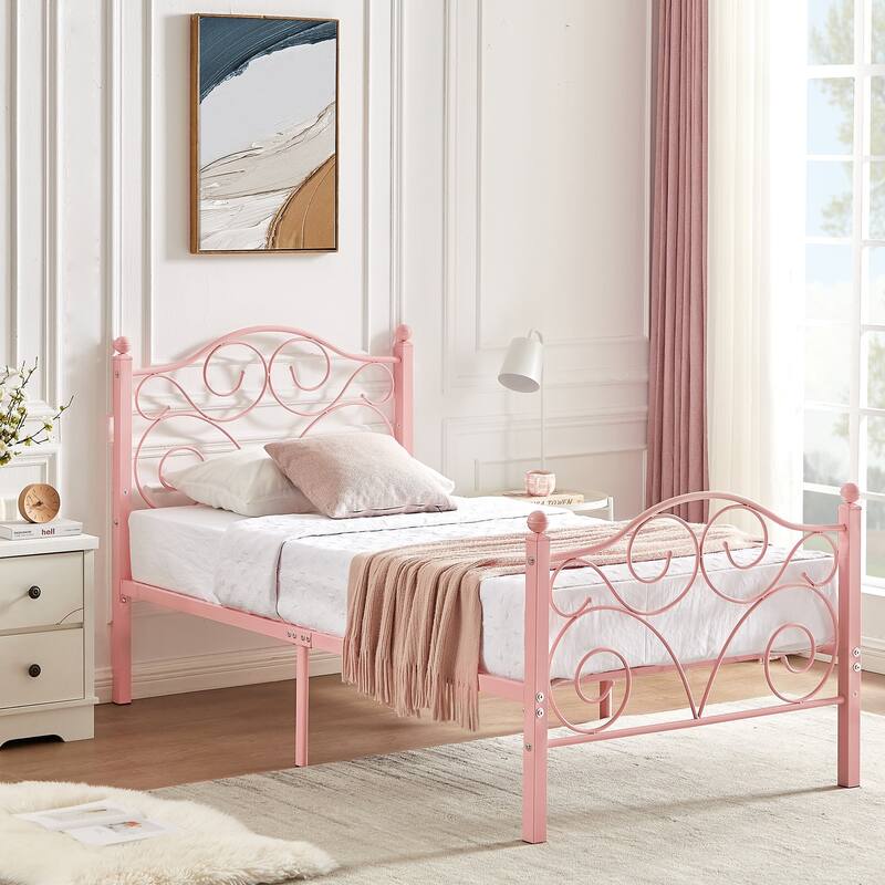 VECELO Metal Platform Bed Frame with Scroll Headboard, Twin/Full/Queen Size Beds - Pink - Twin