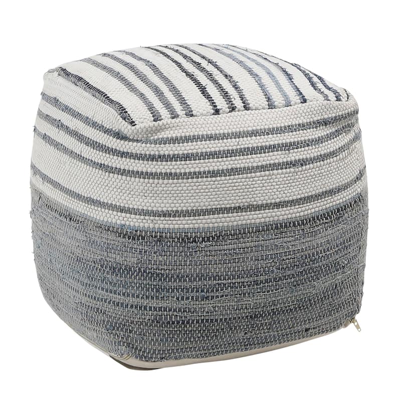 Marsh Cotton Chindi and Denim Upholstered Pouf, Blue/White