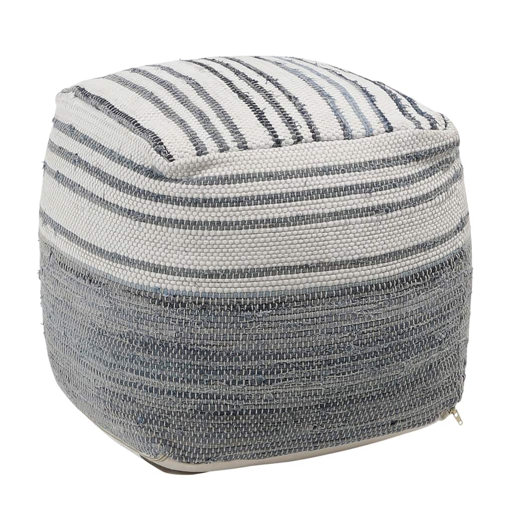 Marsh Cotton Chindi and Denim Upholstered Pouf, Blue/White