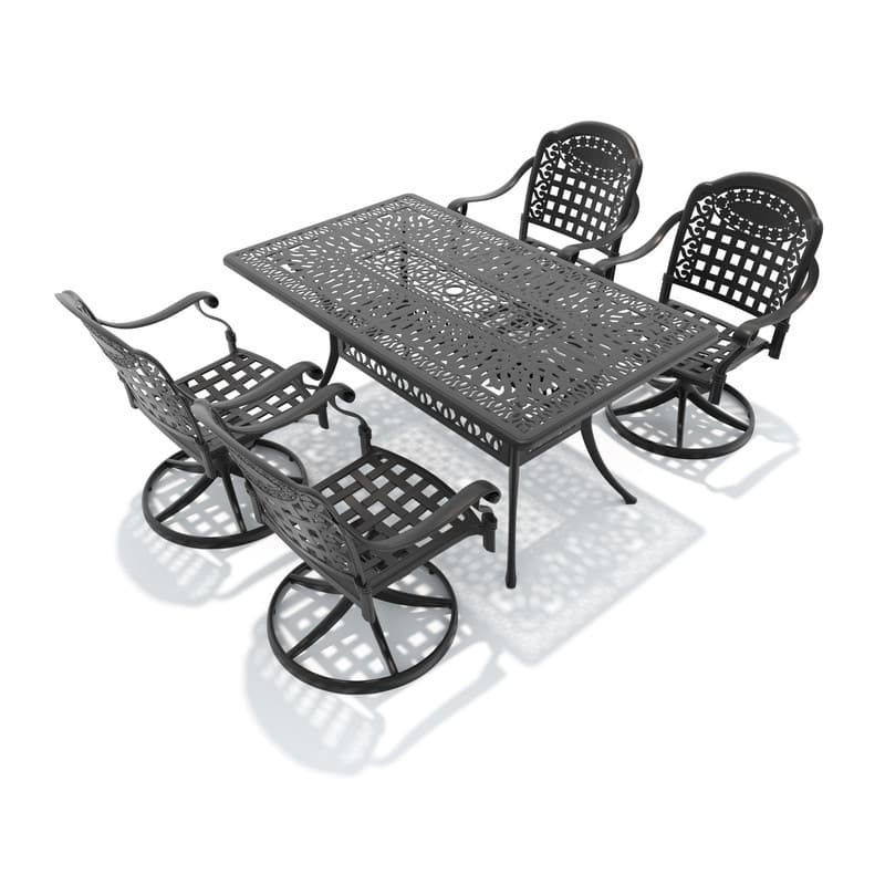5-Piece Aluminum Rectangular Outdoor Patio Dining Set, 4 Cushioned Swivel Chairs, Table, All-Weather Frames