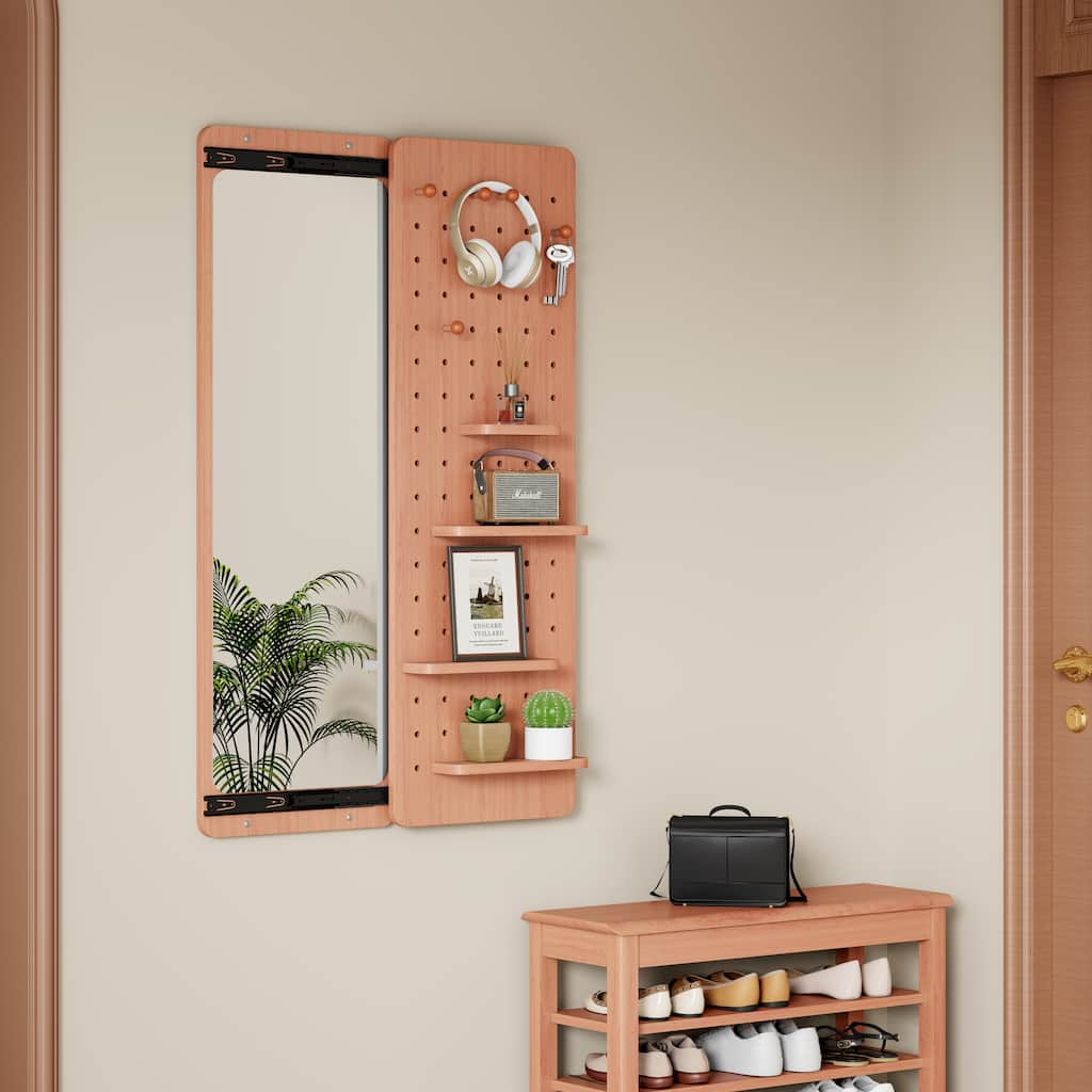 Anmytek Cherry Full Length Wall Mirror with Storage Shelf and Hooks Multifunctional Dressing Mirror for Entryway 48 Inch