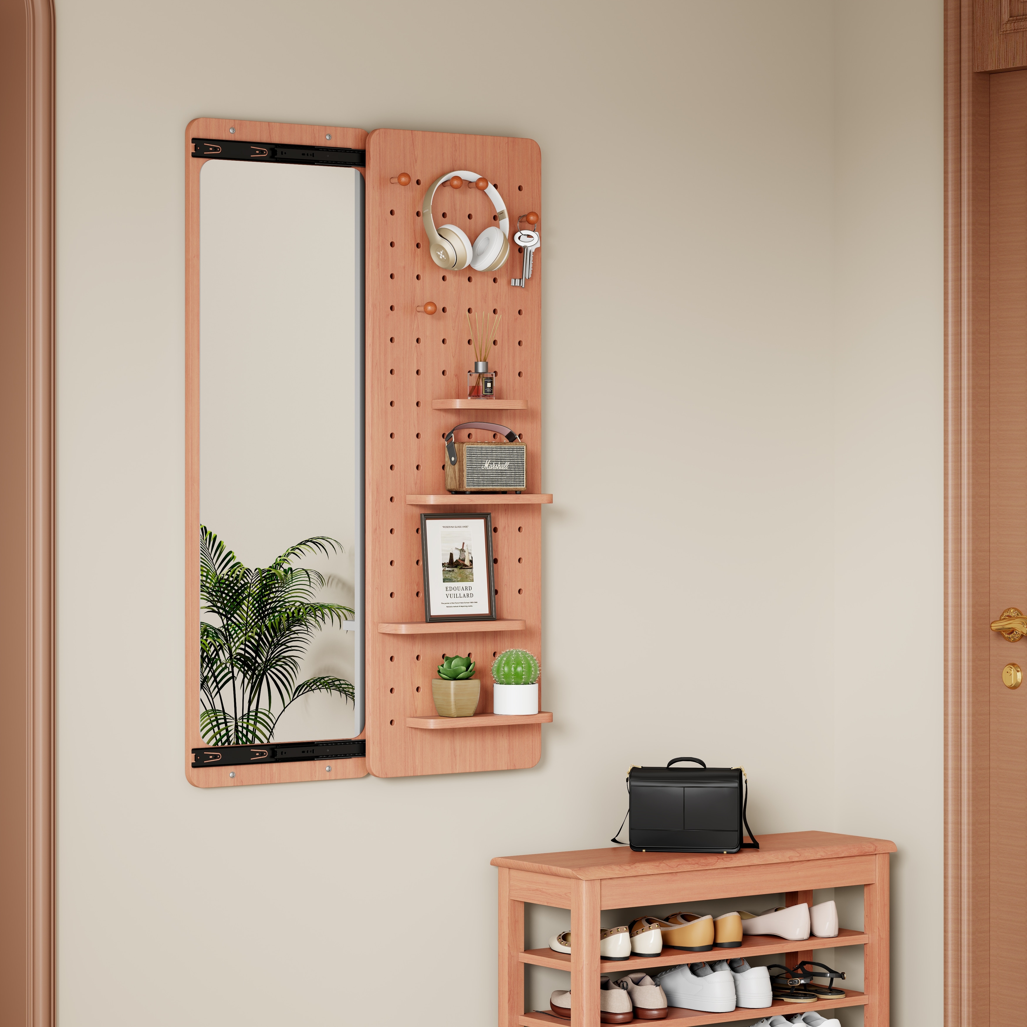 Wall Mounted Full Body Mirror with Shelf, Full Body Mirror with Hook, Multifunctional Design Panel, 47.6*15.7in