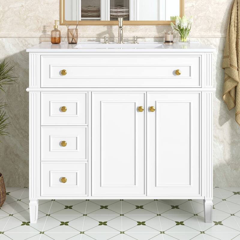 Roomfitters 36" Bathroom Vanity with Sink, Solid Wood Frame, Flip-Out Drawer, 3 Drawers & Soft-Close Doors - White