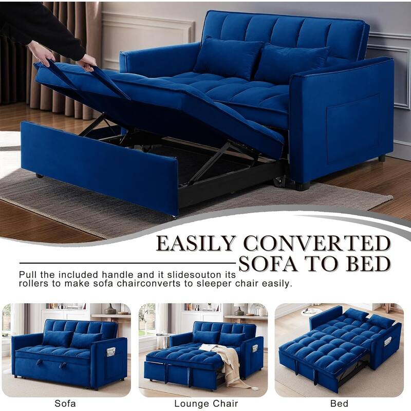 3 in 1 Convertible Sleeper Sofa Bed, Futon Couches for Living Room with Side Pocket, Adjustable Backrest