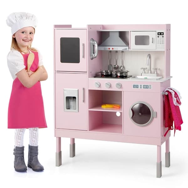 slide 2 of 12, Costway Kids Pretend Kitchen Play Set Toddler Toy Wooden Chef Height - See Details Pink - See Details - Kids