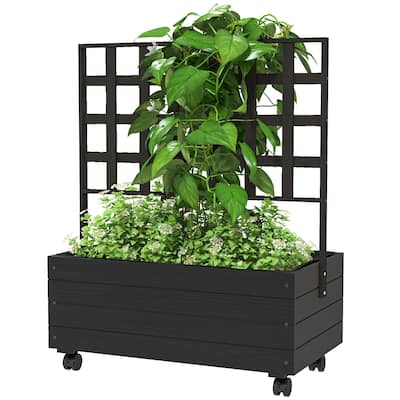 Black Fir Wood Raised Garden Bed with Trellis and Mobile Wheels - 34.6" W x 18.9" D x 41.3" H