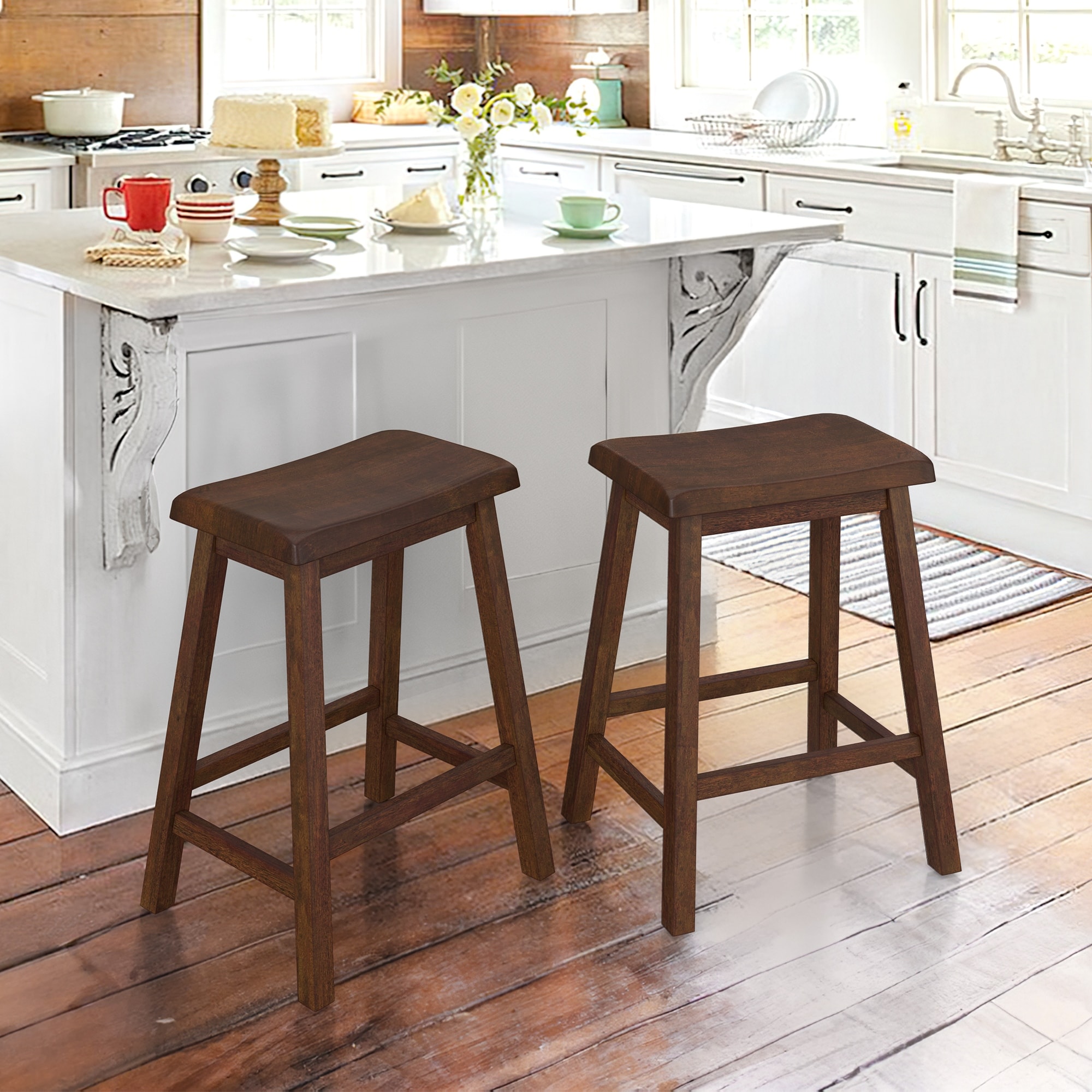 PJ Wood Classic Saddle-Seat Counter Stools, Set Of 2, 24-Inch Tall, White, Solid Wood Backless Stools