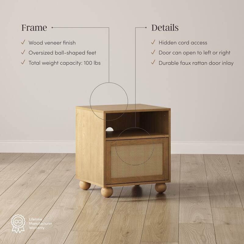 Franco Faux Rattan Side Table Nightstand with Storage, Rustic Bedside Table with Solid Wood Legs